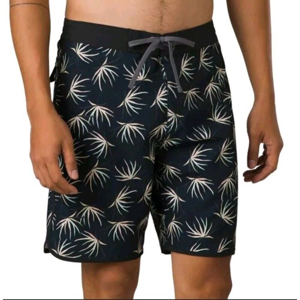 Prana Mens 33 Vintage Board Shorts Swim Trunks Palm Print Black Recycled Poly